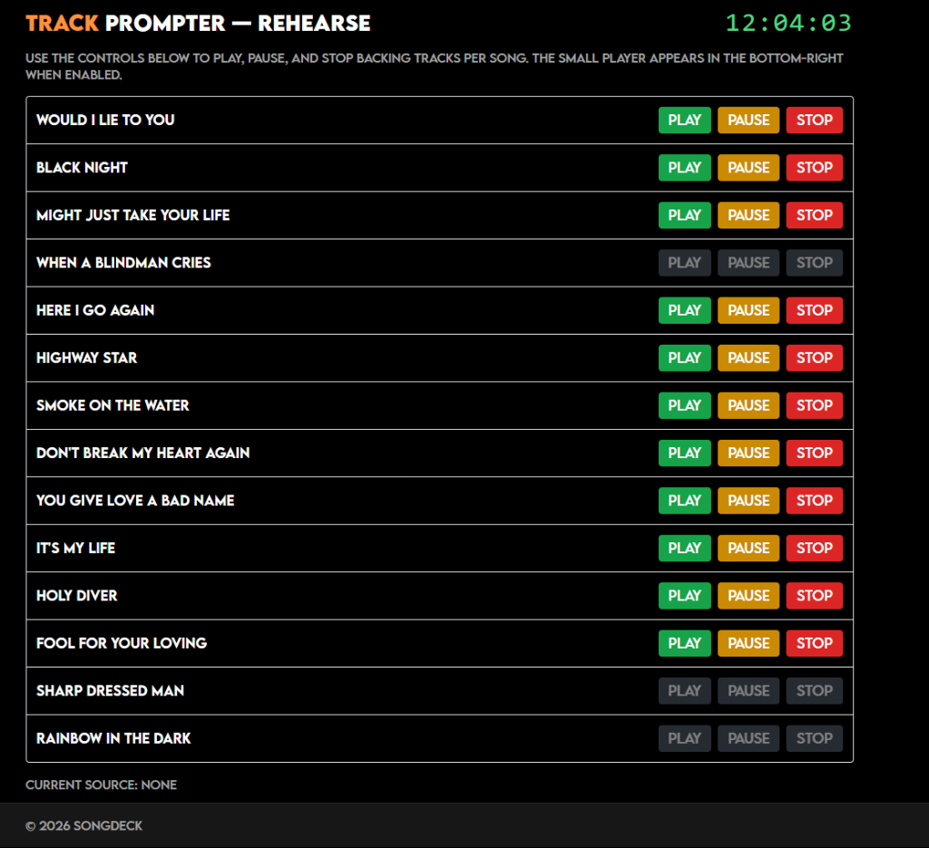 SongDeck Track Prompter Rehearsal Page
