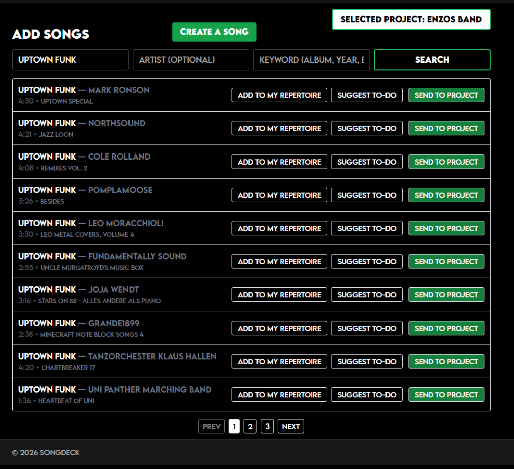 SongDeck Add Songs Search Results Page