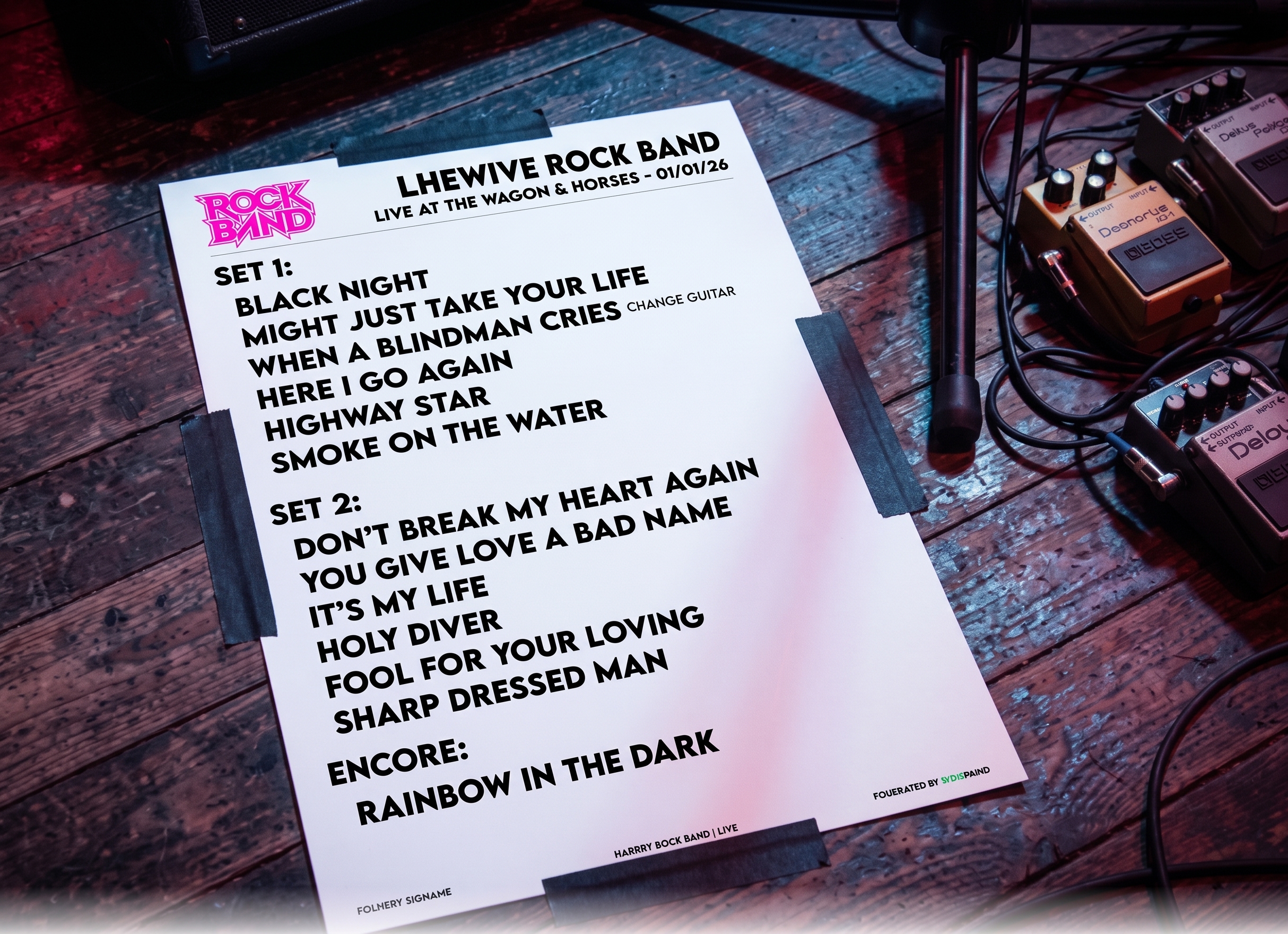 Calibrated A4 stage setlist taped to stage floor
